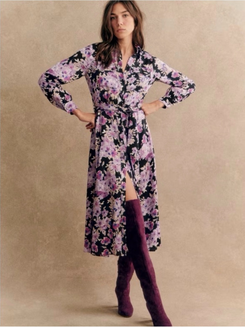 Sézane Lauretta Floral Belted Midi Shirt Dress Size 44